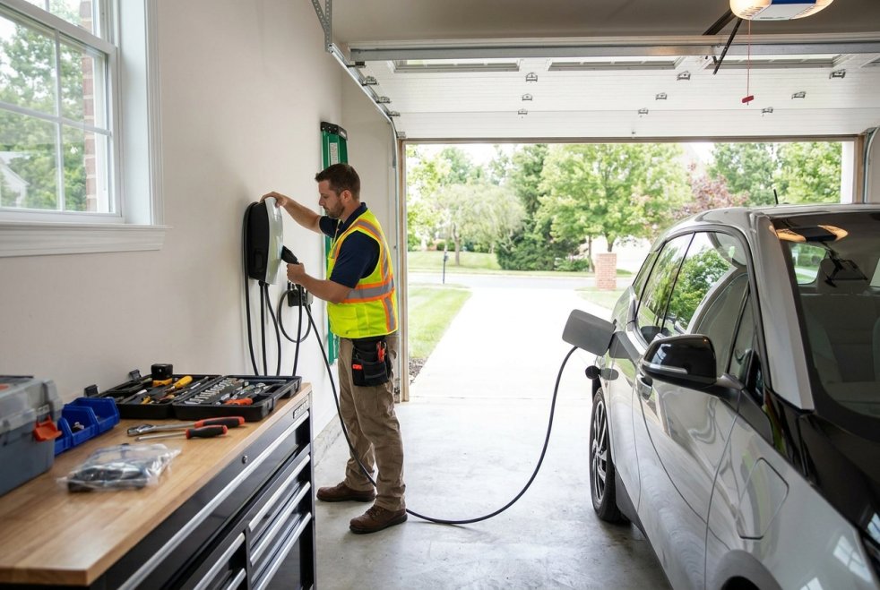 Electrician installing an EV charger in a home garage with an electric car plugged in