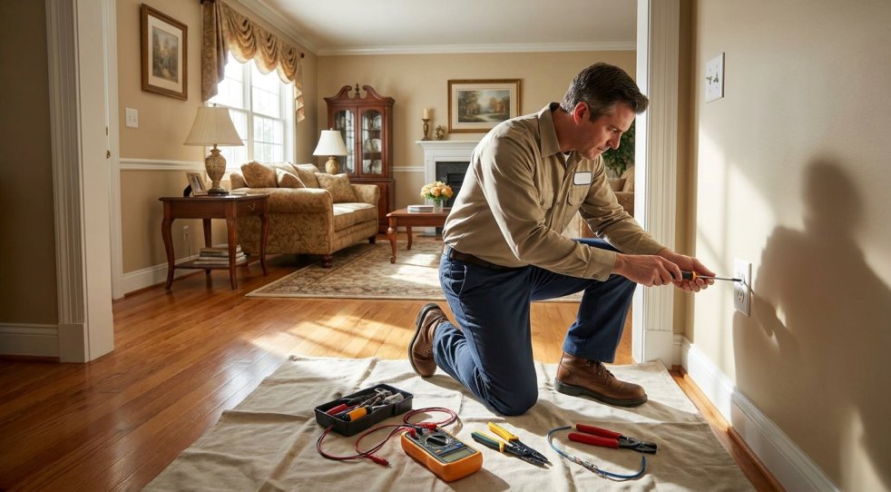 Electrician repairing a wall outlet in a Brandywine, MD home with tools on a drop cloth in the living room