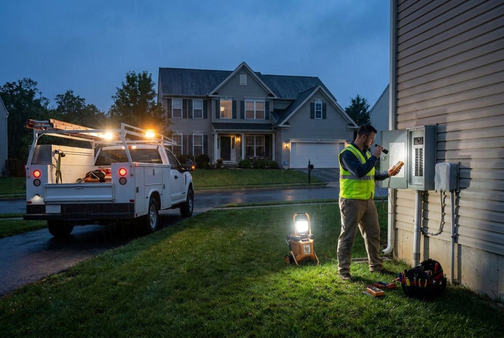 Electrician inspecting a home electrical panel at dusk with a service truck parked outside a suburban house