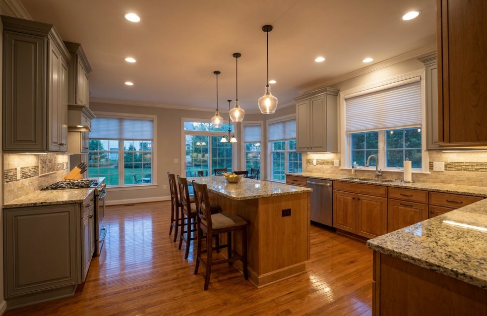 Updated kitchen with recessed ceiling lights, pendant lights, and granite island in Brandywine home