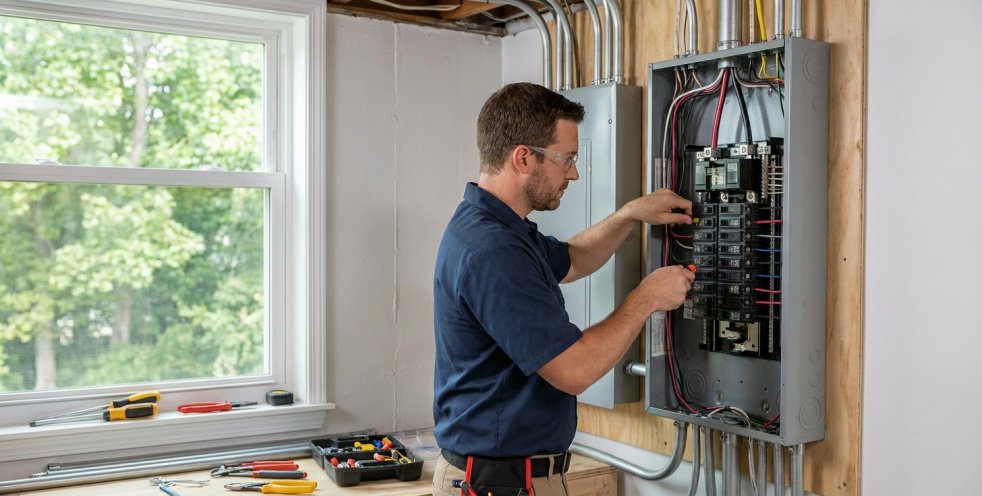 Electrician upgrading a home electrical panel inside a house