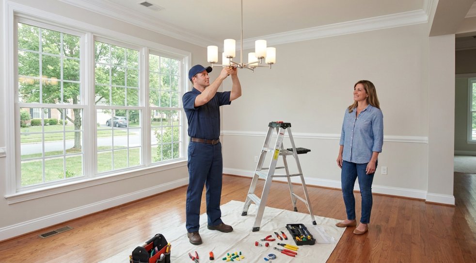 Electrician installing a chandelier in a bright living room while a homeowner watches