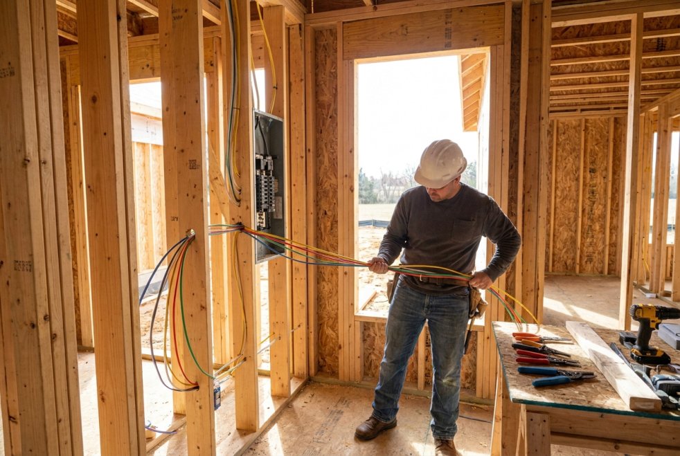 Electrician installing wiring in a new construction home in Brandywine, MD